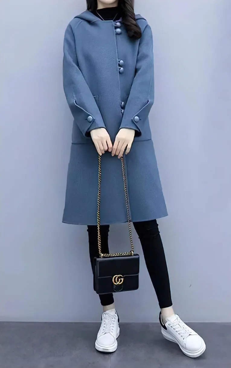 chouyatou Women's Winter Single Breasted Hooded Wool Coat Wool Blend Long Trench Pea Coat