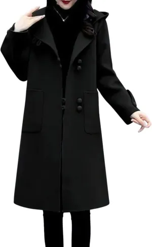 chouyatou Women's Winter Single Breasted Hooded Wool Coat Wool Blend Long Trench Pea Coat