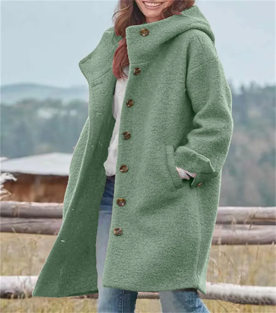 chouyatou Women's Winter Single Breasted Long Wool Coat with Hood Casual Wool Blend Trench Coat Jacket