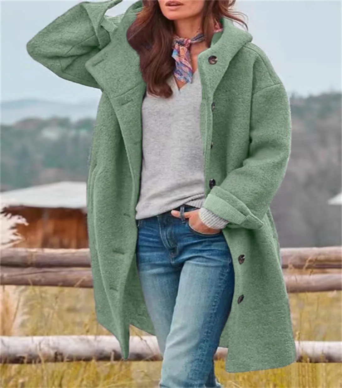 chouyatou Women's Winter Single Breasted Long Wool Coat with Hood Casual Wool Blend Trench Coat Jacket
