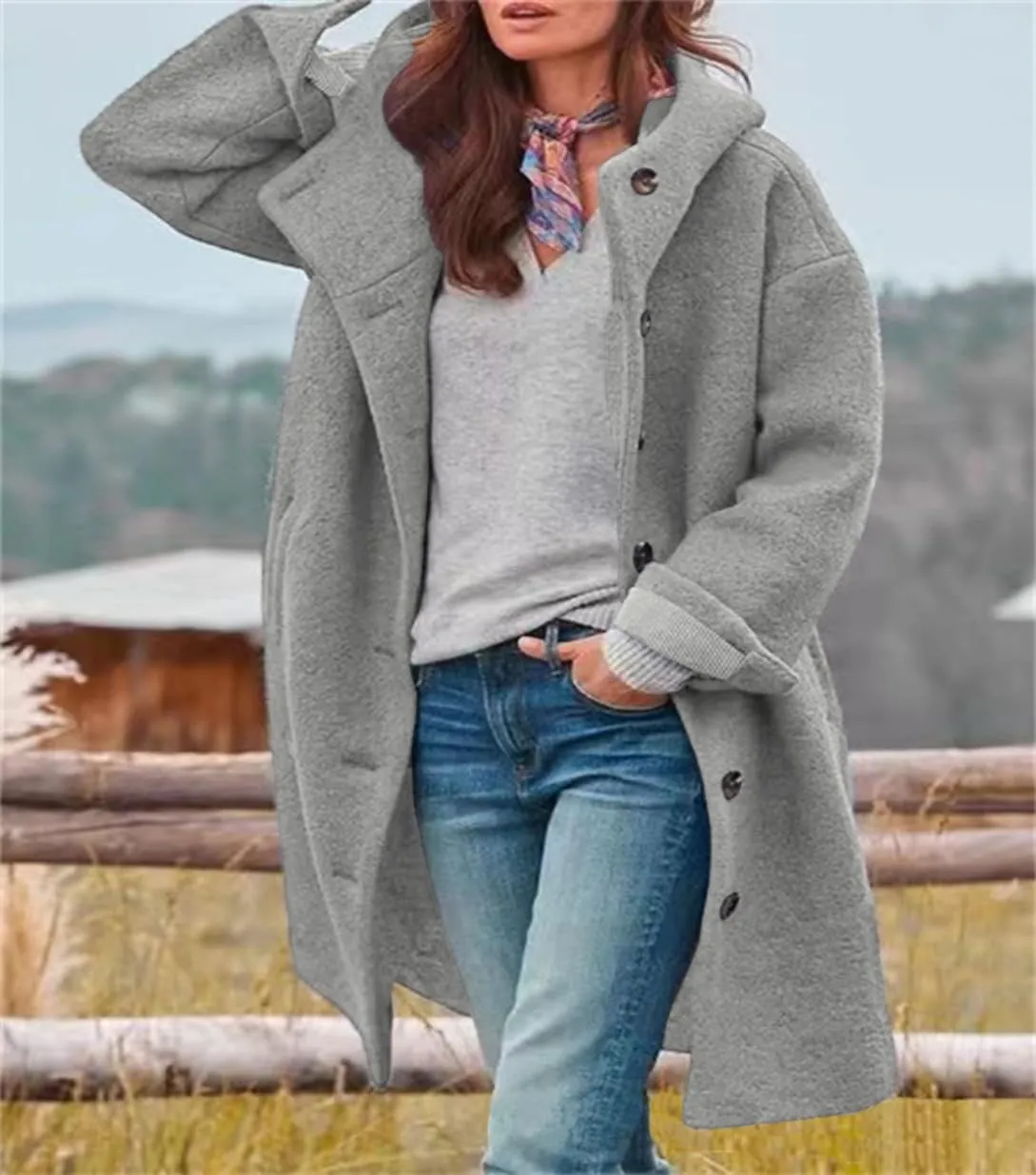 chouyatou Women's Winter Single Breasted Long Wool Coat with Hood Casual Wool Blend Trench Coat Jacket