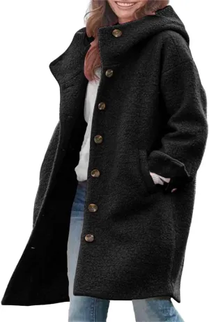 chouyatou Women's Winter Single Breasted Long Wool Coat with Hood Casual Wool Blend Trench Coat Jacket