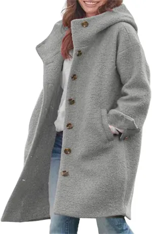 chouyatou Women's Winter Single Breasted Long Wool Coat with Hood Casual Wool Blend Trench Coat Jacket