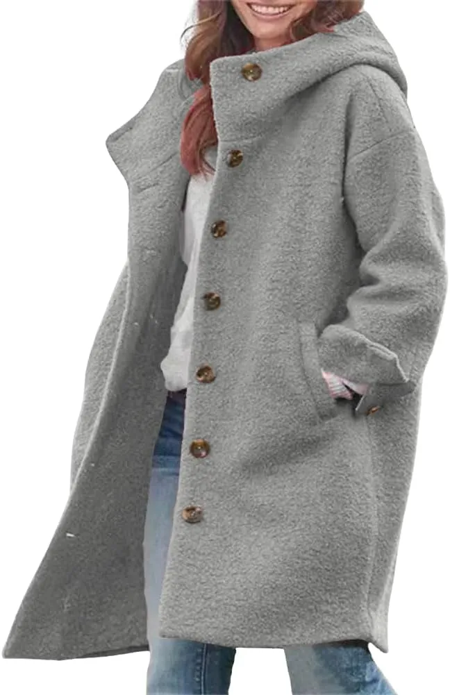 chouyatou Women's Winter Single Breasted Long Wool Coat with Hood Casual Wool Blend Trench Coat Jacket