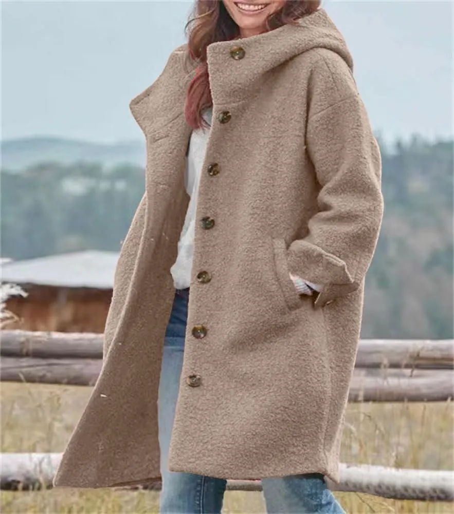 chouyatou Women's Winter Single Breasted Long Wool Coat with Hood Casual Wool Blend Trench Coat Jacket
