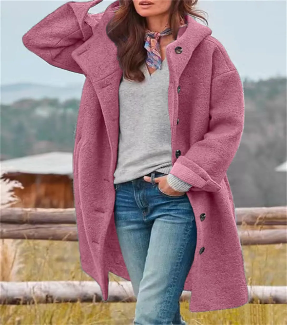 chouyatou Women's Winter Single Breasted Long Wool Coat with Hood Casual Wool Blend Trench Coat Jacket