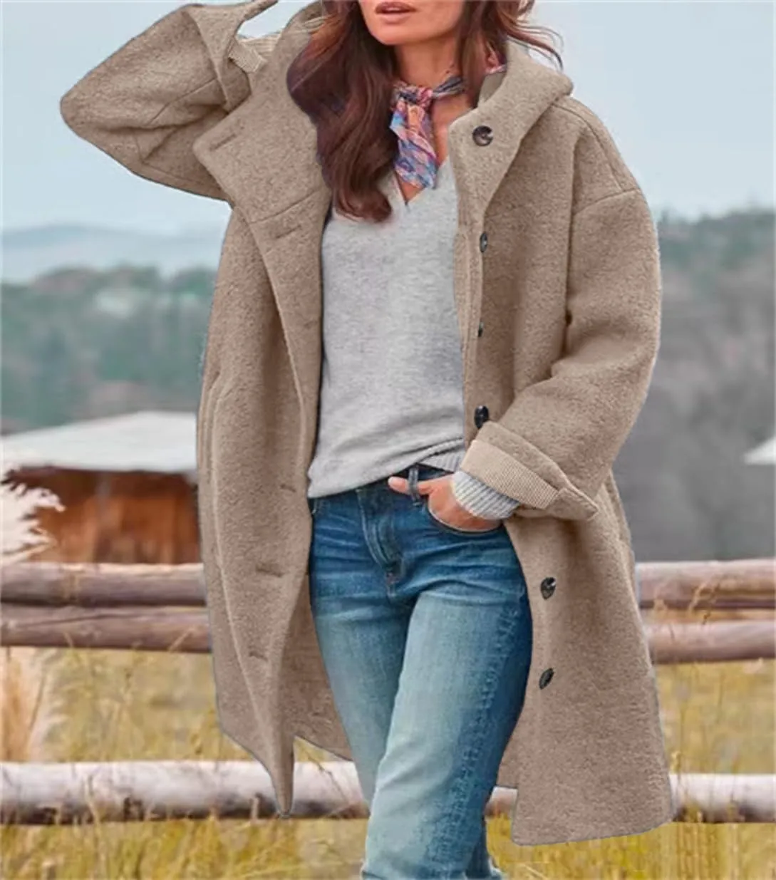 chouyatou Women's Winter Single Breasted Long Wool Coat with Hood Casual Wool Blend Trench Coat Jacket
