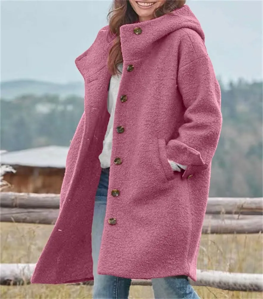 chouyatou Women's Winter Single Breasted Long Wool Coat with Hood Casual Wool Blend Trench Coat Jacket