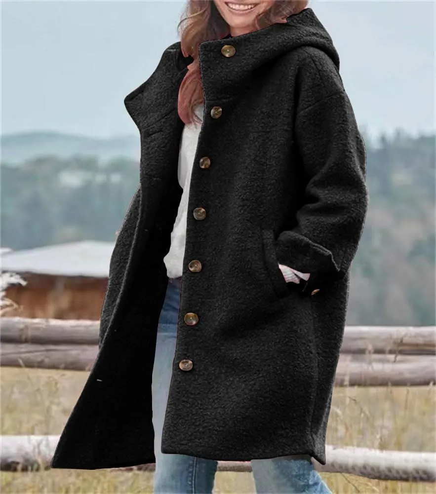 chouyatou Women's Winter Single Breasted Long Wool Coat with Hood Casual Wool Blend Trench Coat Jacket