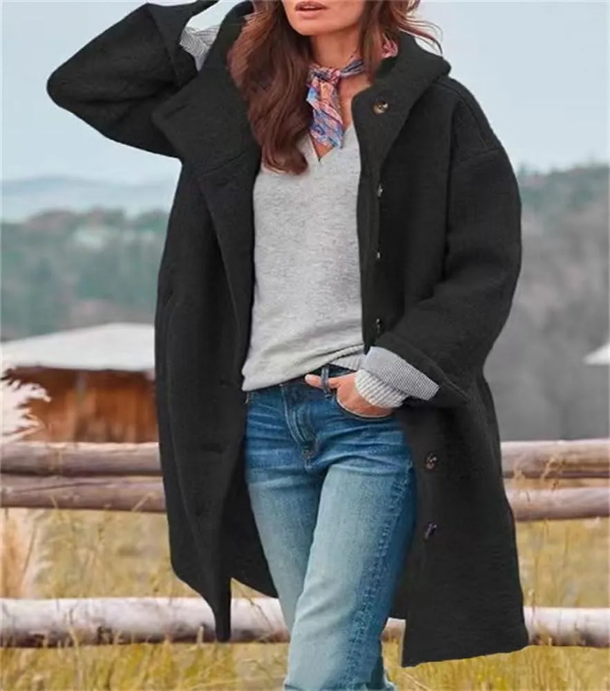 chouyatou Women's Winter Single Breasted Long Wool Coat with Hood Casual Wool Blend Trench Coat Jacket