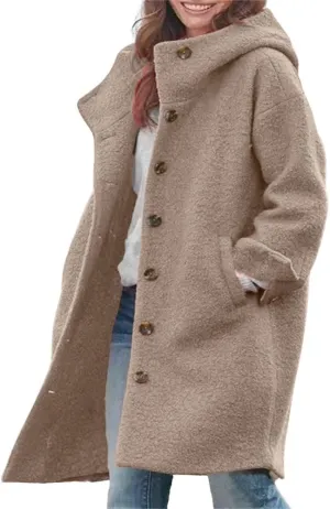 chouyatou Women's Winter Single Breasted Long Wool Coat with Hood Casual Wool Blend Trench Coat Jacket