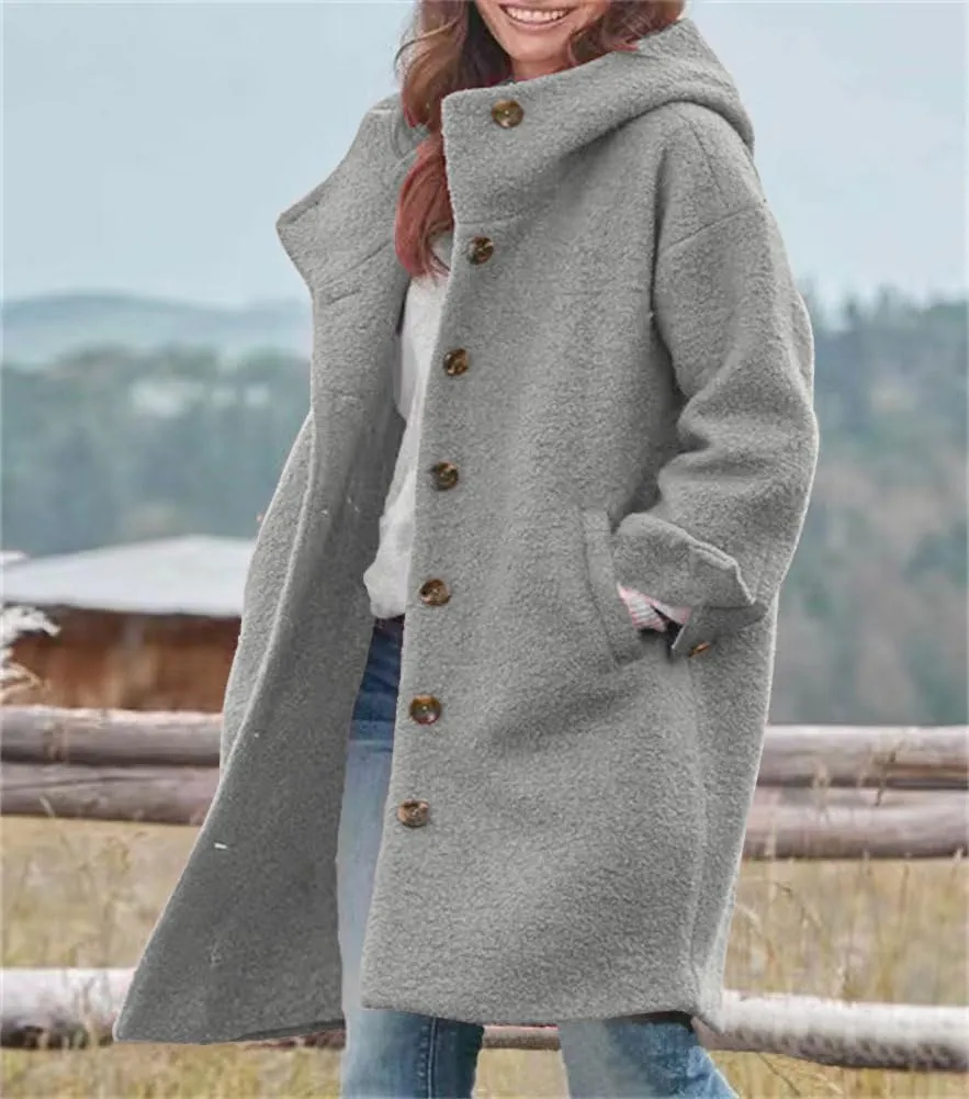 chouyatou Women's Winter Single Breasted Long Wool Coat with Hood Casual Wool Blend Trench Coat Jacket