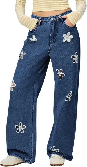 chouyatou Women's Y2k Baggy Wide Leg Denim Pants Hollow Out Flower Boyfriend Mid Rise Barrel Jeans with Pockets