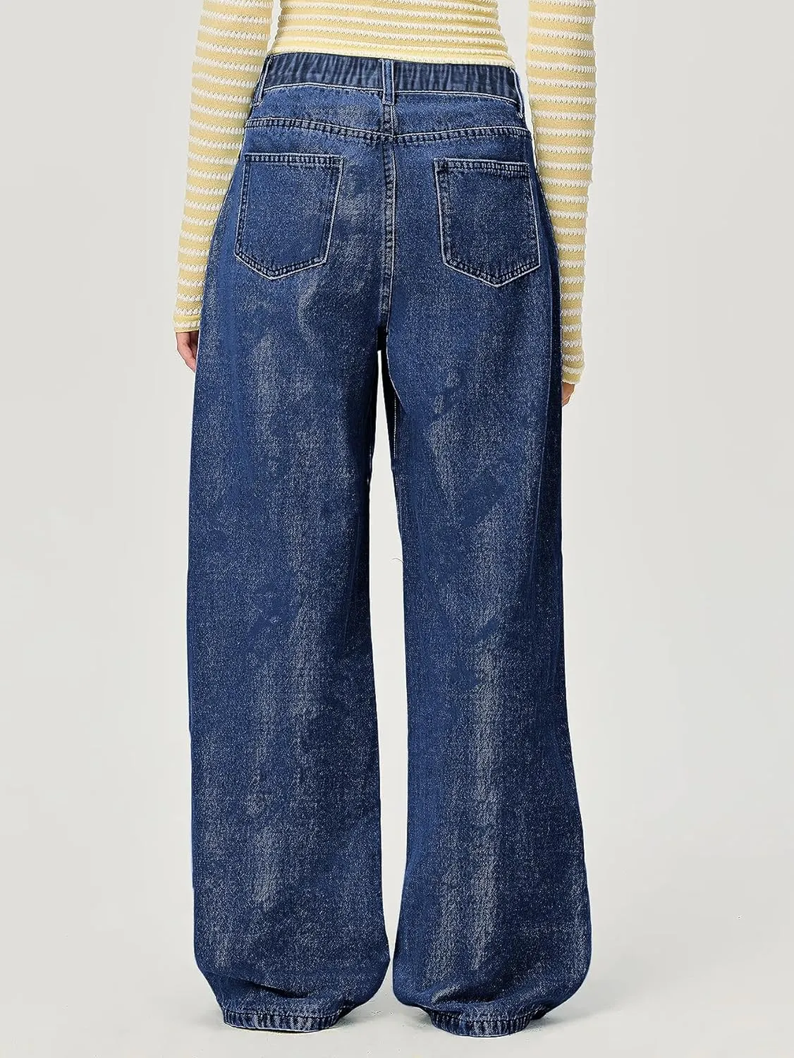 chouyatou Women's Y2k Baggy Wide Leg Denim Pants Hollow Out Flower Boyfriend Mid Rise Barrel Jeans with Pockets