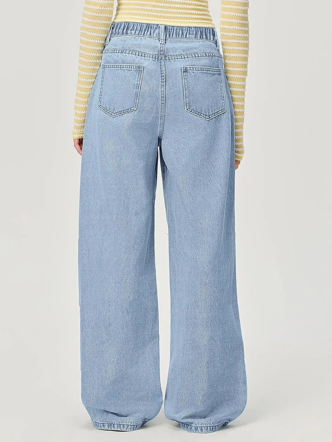 chouyatou Women's Y2k Baggy Wide Leg Denim Pants Hollow Out Flower Boyfriend Mid Rise Barrel Jeans with Pockets