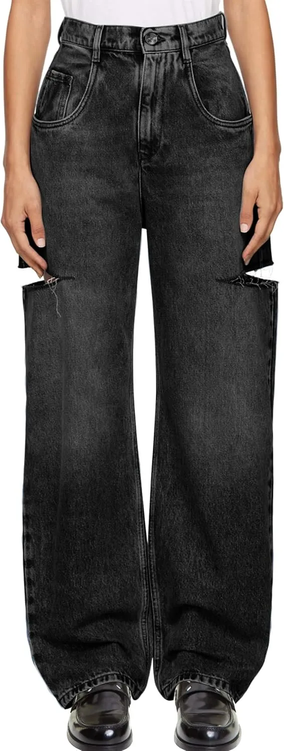Cicy Bell Womens High Waisted Baggy Jeans Side Cut Out Wide Leg Stretchy Trendy Denim Pants with Pockets