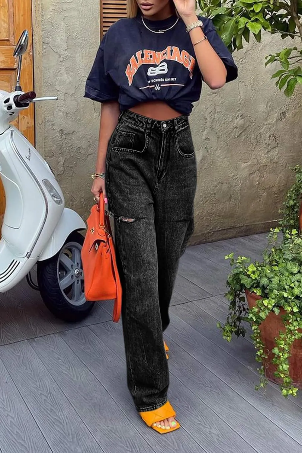 Cicy Bell Womens High Waisted Baggy Jeans Side Cut Out Wide Leg Stretchy Trendy Denim Pants with Pockets