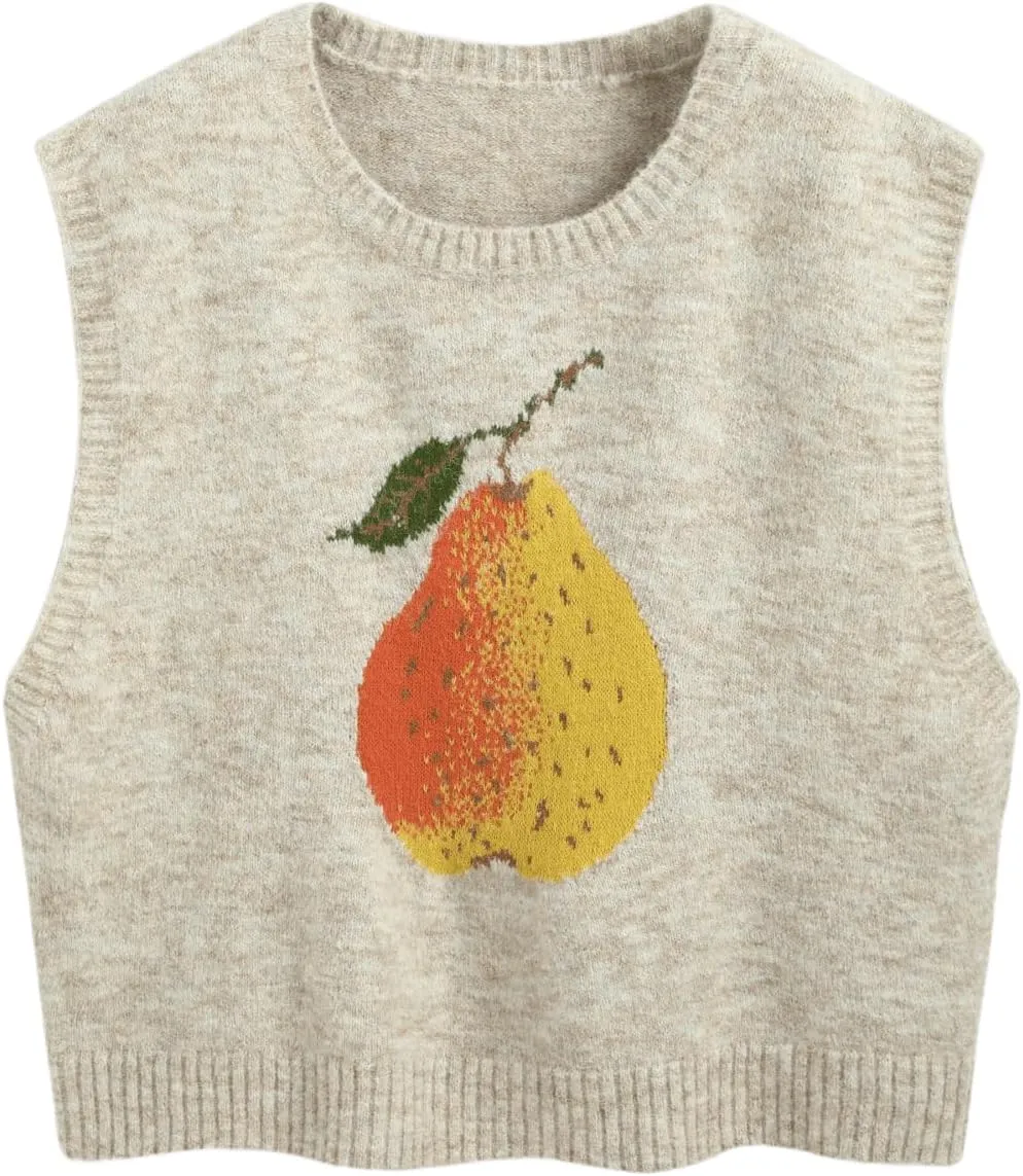 CIDER Knit Round Neckline Pear Graphic Wool-Blend Vest Curve & Plus