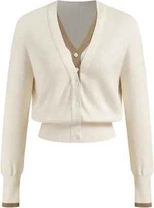 CIDER Wool-Blend Knit V-Neck Two Tone Solid Button Oversized Cardigan