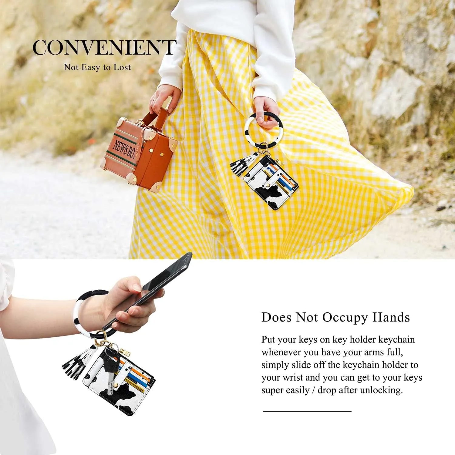 Circle Bangle Leather Keychain Wallet ID Card Holder Keyring Wristlet Bracelet Key Ring Chain Tassel Purse Women Girls