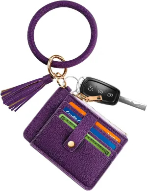 Circle Bangle Leather Keychain Wallet ID Card Holder Keyring Wristlet Bracelet Key Ring Chain Tassel Purse Women Girls
