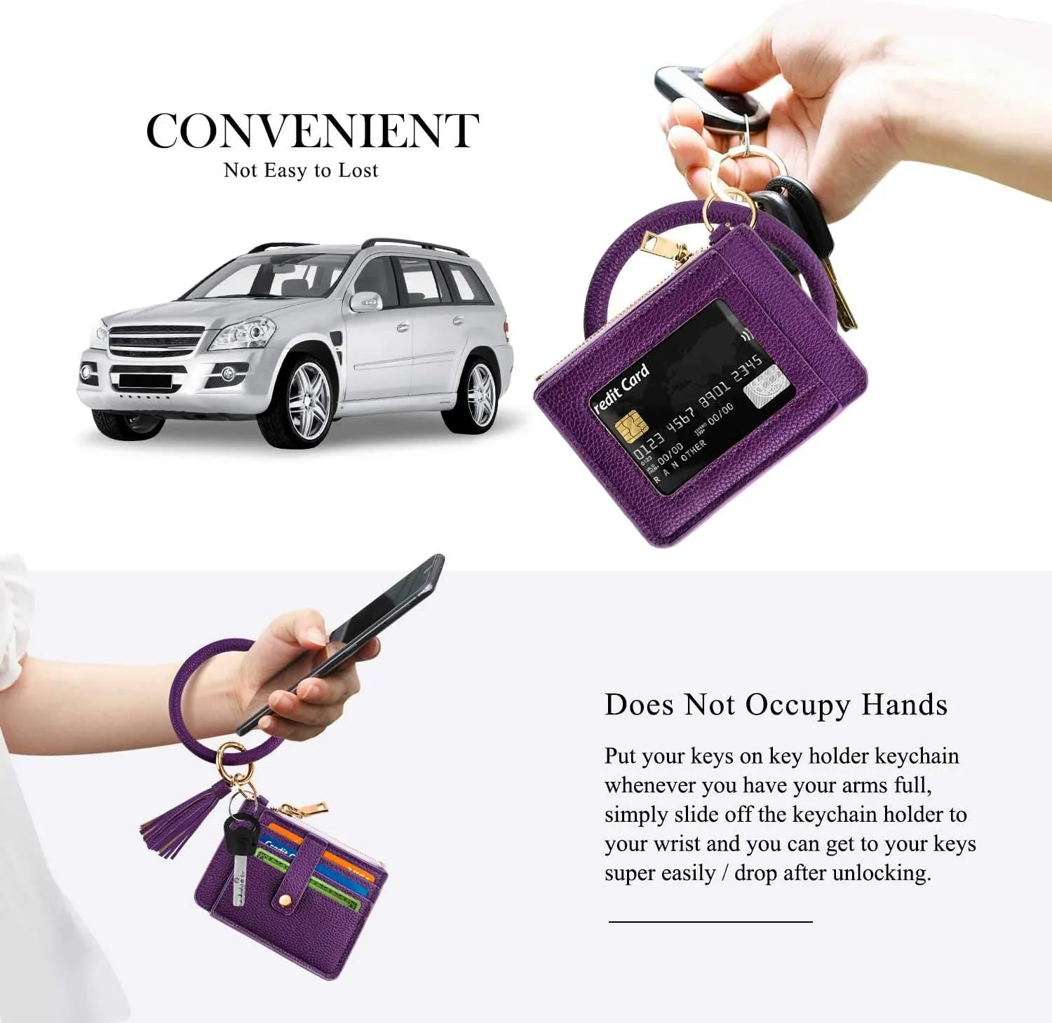 Circle Bangle Leather Keychain Wallet ID Card Holder Keyring Wristlet Bracelet Key Ring Chain Tassel Purse Women Girls