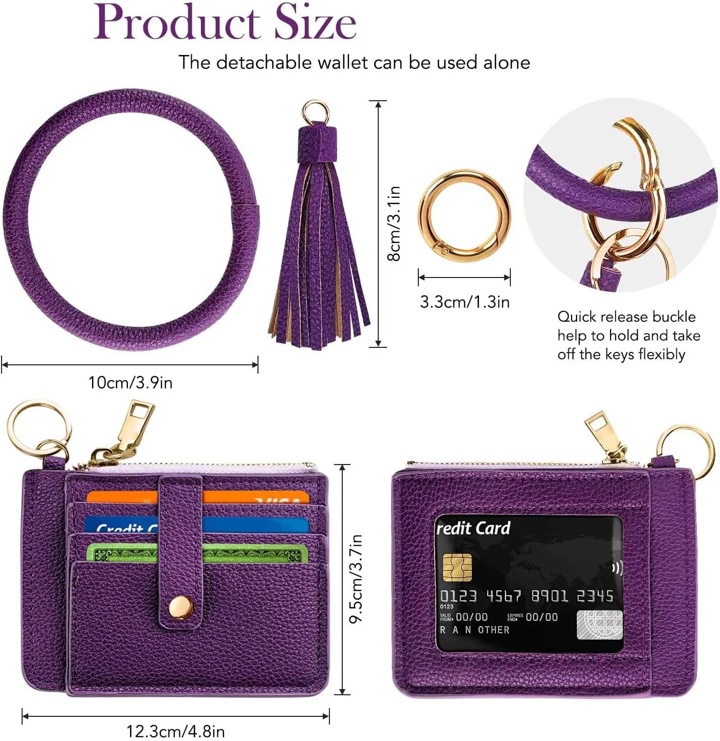 Circle Bangle Leather Keychain Wallet ID Card Holder Keyring Wristlet Bracelet Key Ring Chain Tassel Purse Women Girls
