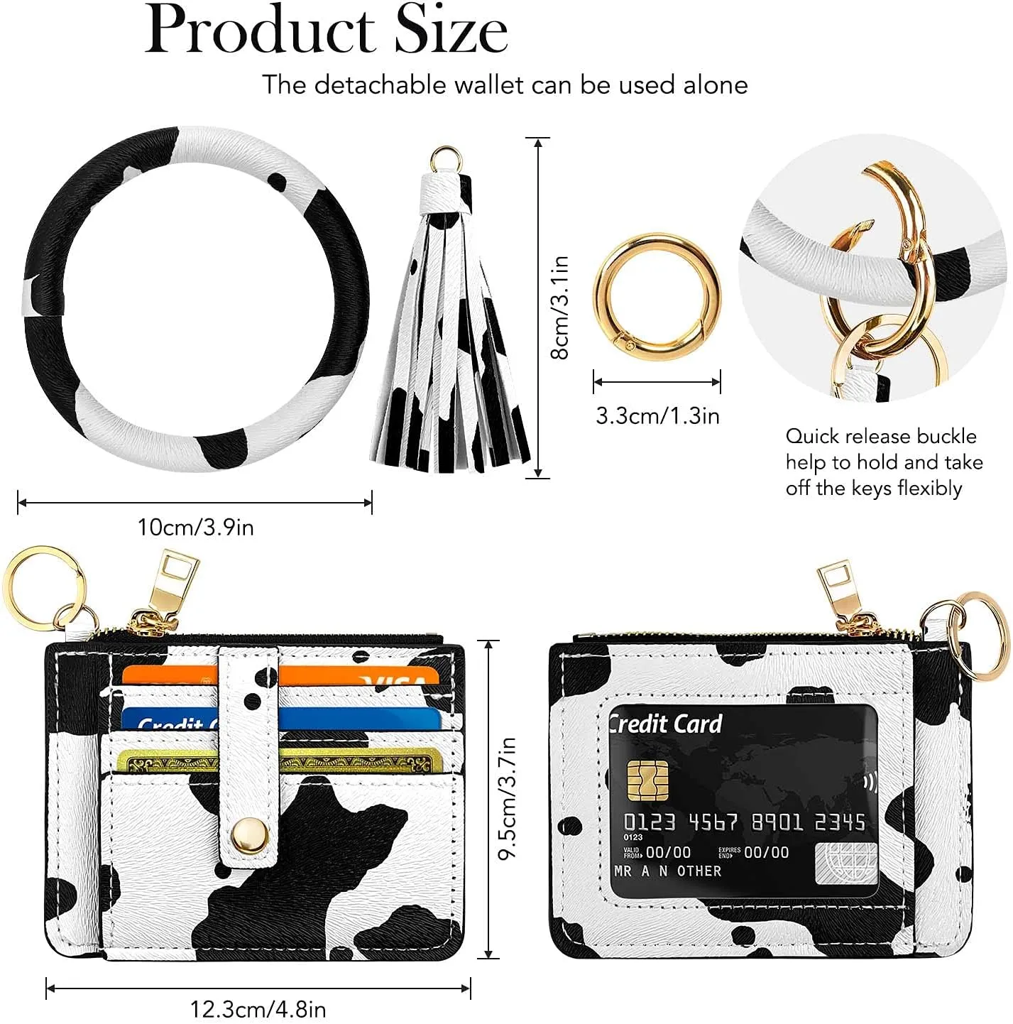 Circle Bangle Leather Keychain Wallet ID Card Holder Keyring Wristlet Bracelet Key Ring Chain Tassel Purse Women Girls