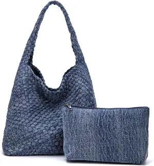 Classic Denim Woven Purse for Women, Trendy Ladies Small Shoulder Bag, Denim Crossbody Bag Demin Tote Bag Demin Hobo Bag (Dark Blue Large)