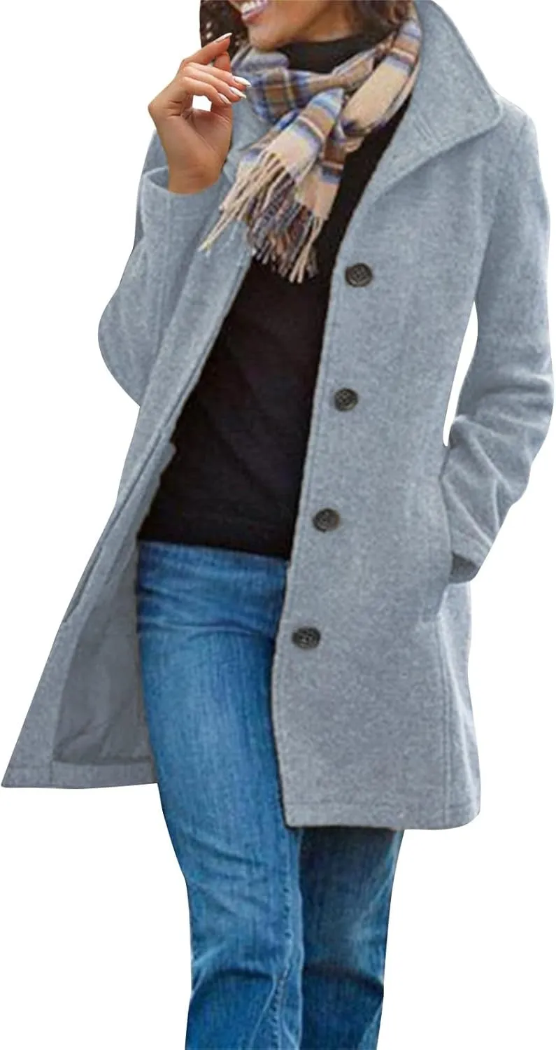 Coats for Women Trendy Womens Pea Coat Elegant Single Breasted Winter Trench Coat Dressy Casual Thicken Wool Blend Blazer Jacket with Pockets Light Gray Xx-Large