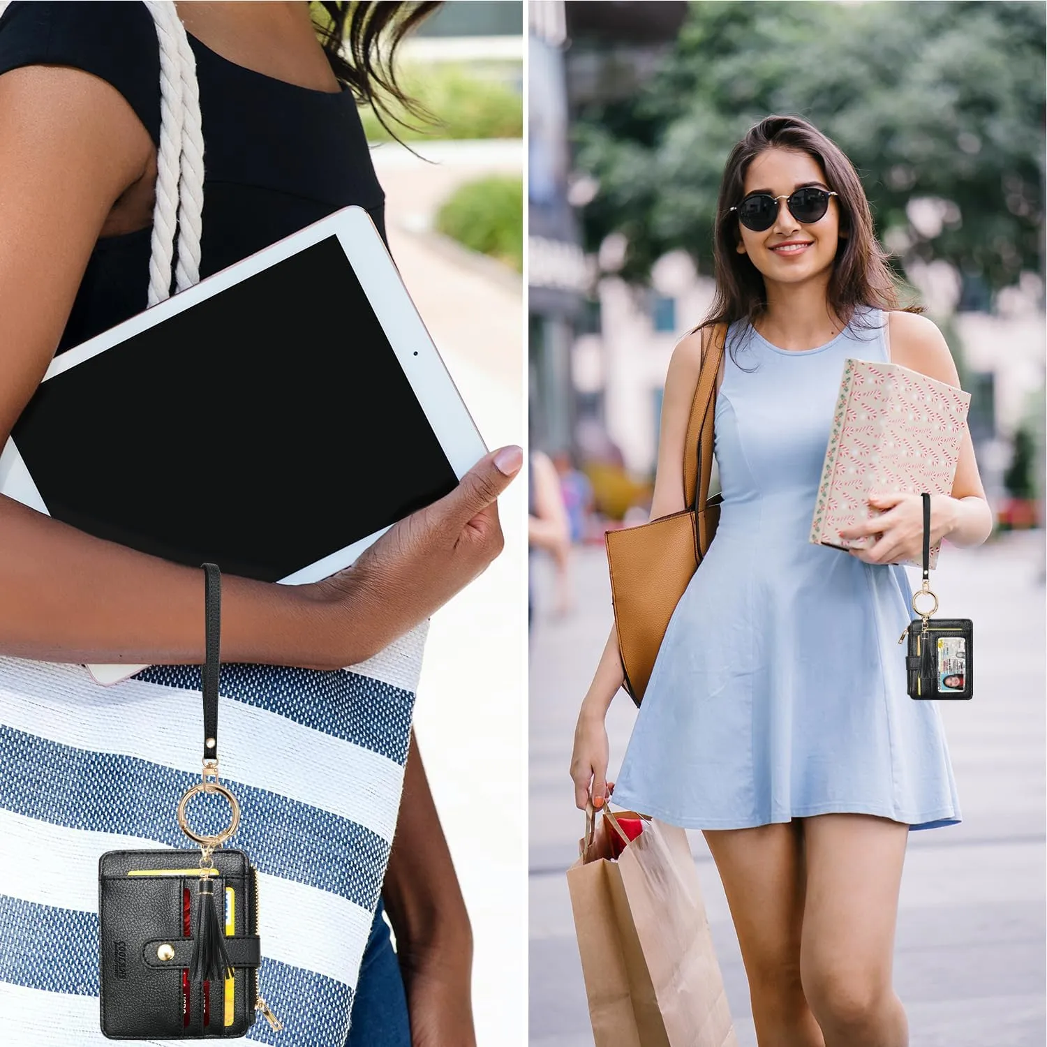 COOLANS Silicone Bracelet Wristlet Wallet Credit Card Holder RFID,ID Window,Key Ring Tassel,Slim Wallet Women Keychain Purse