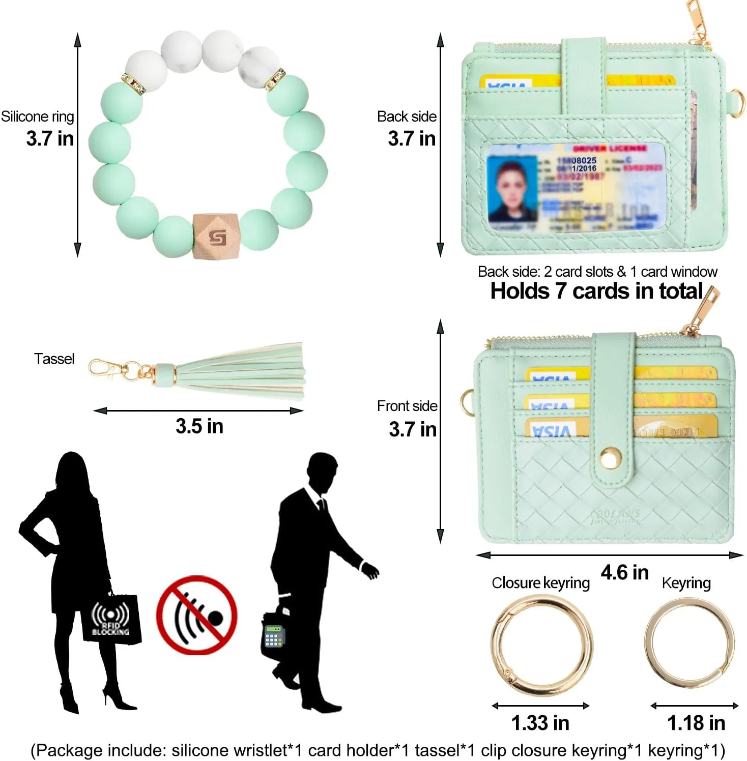 COOLANS Silicone Bracelet Wristlet Wallet Credit Card Holder RFID,ID Window,Key Ring Tassel,Slim Wallet Women Keychain Purse