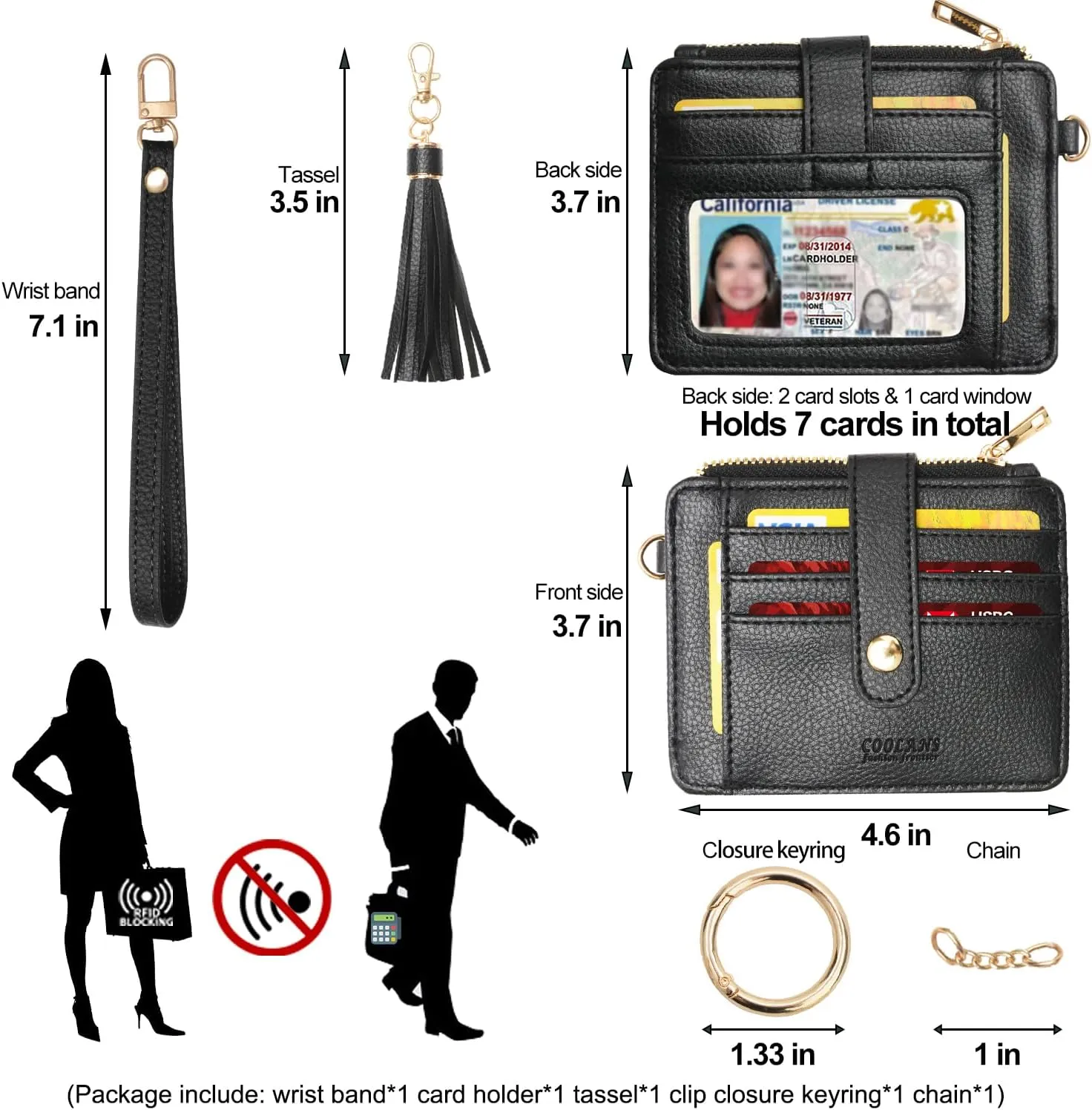COOLANS Silicone Bracelet Wristlet Wallet Credit Card Holder RFID,ID Window,Key Ring Tassel,Slim Wallet Women Keychain Purse