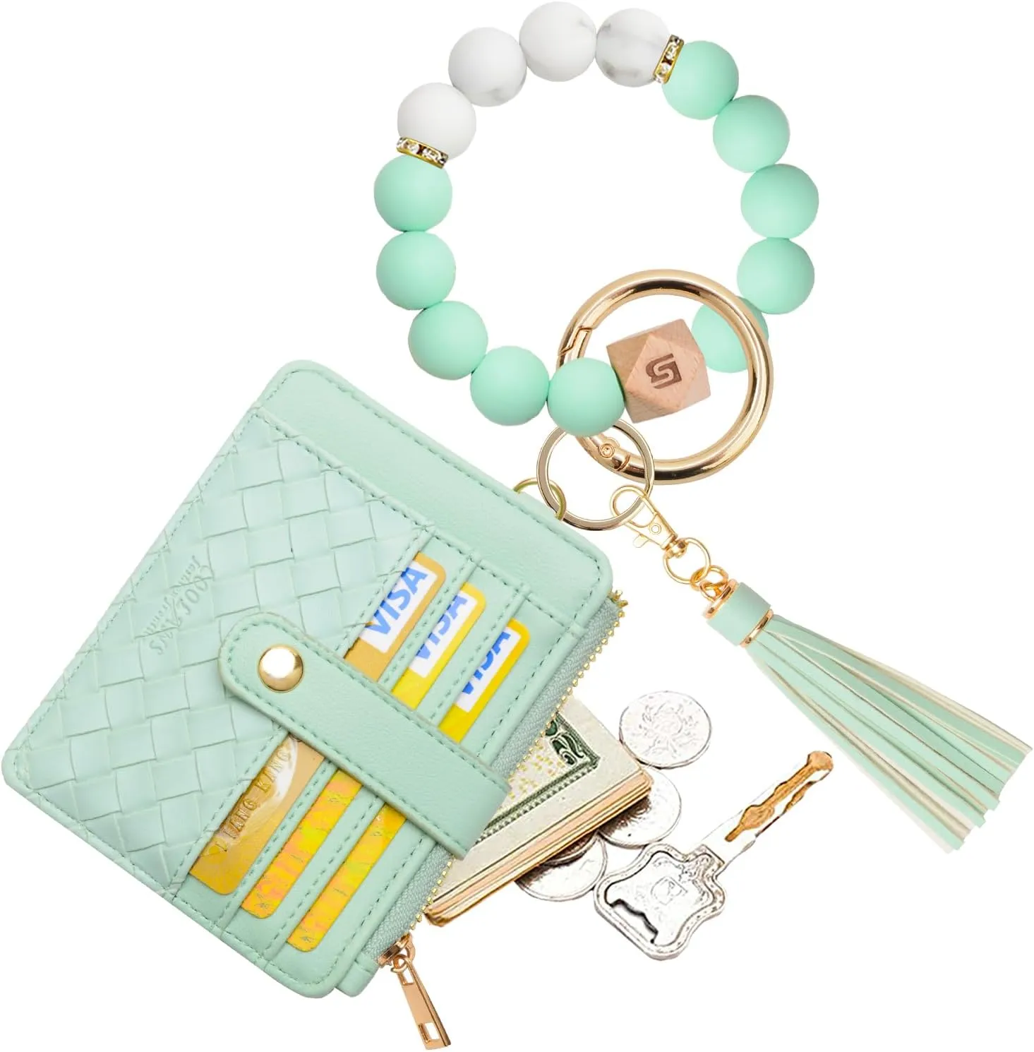 COOLANS Silicone Bracelet Wristlet Wallet Credit Card Holder RFID,ID Window,Key Ring Tassel,Slim Wallet Women Keychain Purse