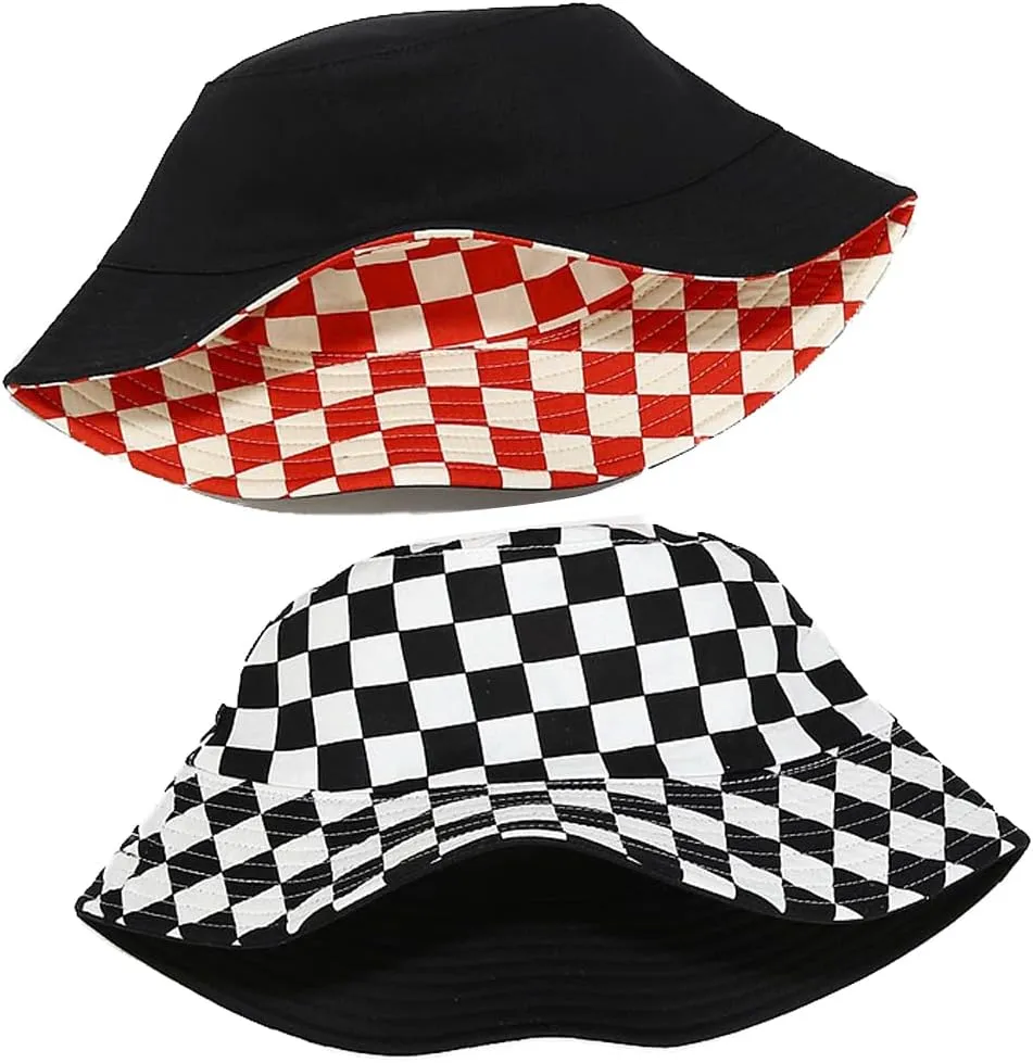 Cotton Checkered Bucket Hat Summer Fashion Fisherman Beach Sun Hats for Women and Men
