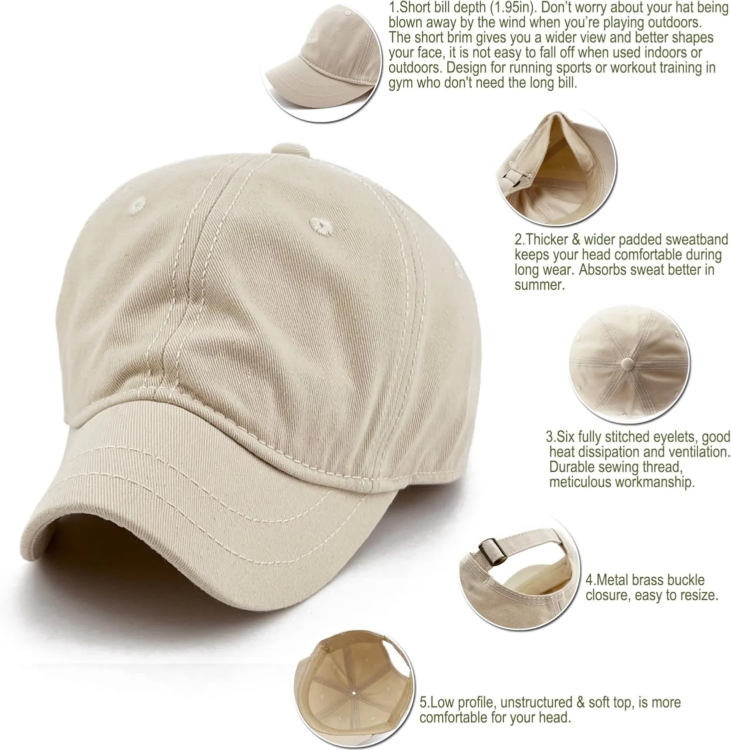 Cotton Short Bill Baseball Caps for Women Mens Plain Unstructured Short Brim Ball Hats for Running Umpire Cap