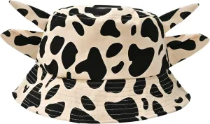 Cow Print Bucket Hat with Cute Horn Ears Cow Print Summer Beach Sun Hat Fisherman's Cow Bucket Hat
