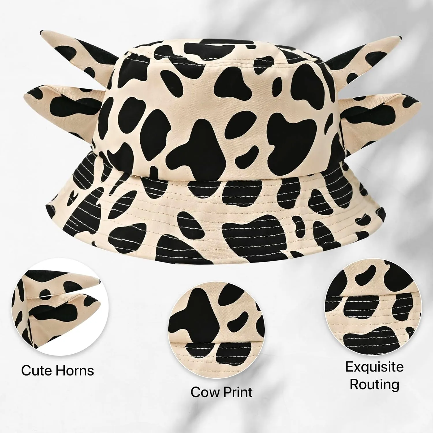 Cow Print Bucket Hat with Cute Horn Ears Cow Print Summer Beach Sun Hat Fisherman's Cow Bucket Hat