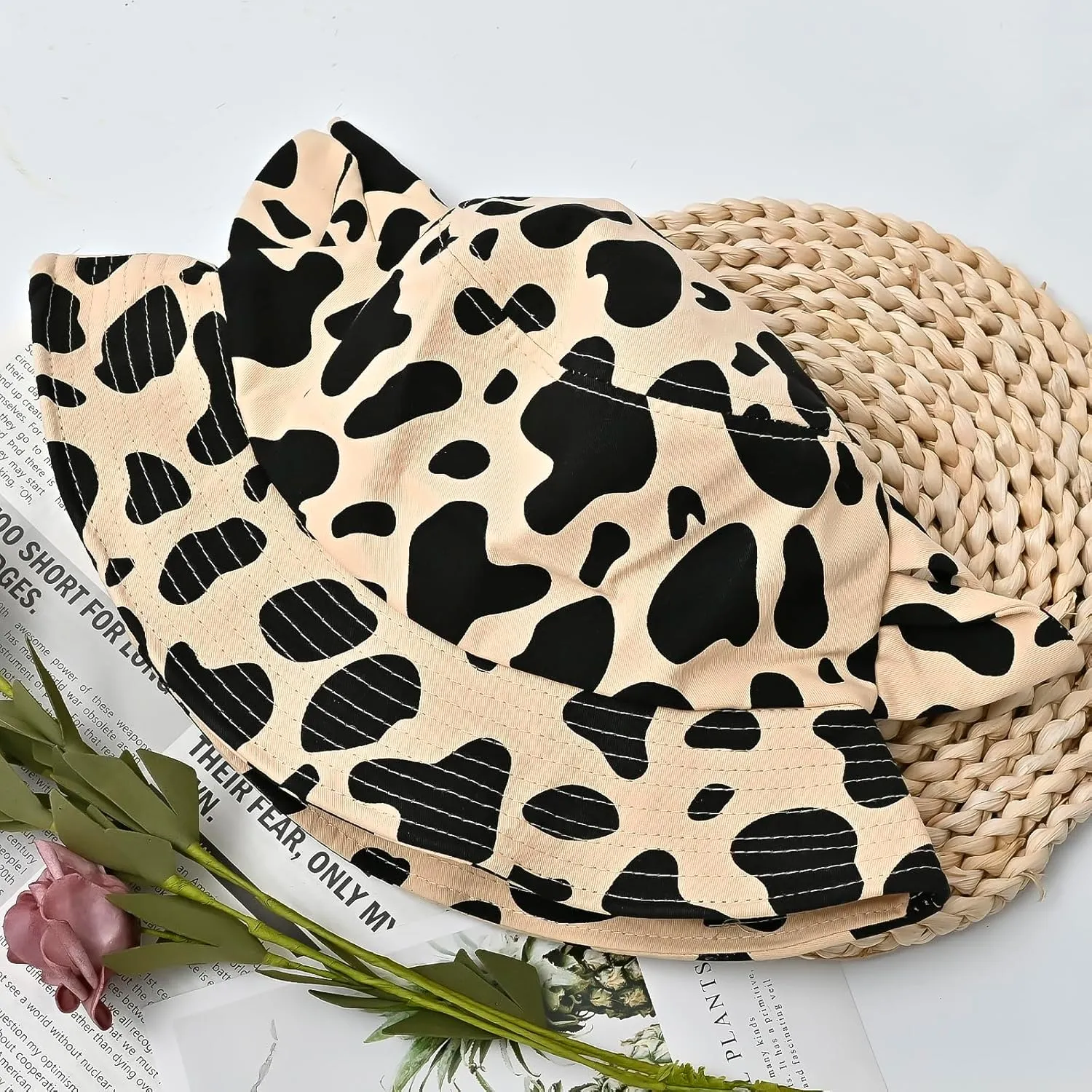 Cow Print Bucket Hat with Cute Horn Ears Cow Print Summer Beach Sun Hat Fisherman's Cow Bucket Hat