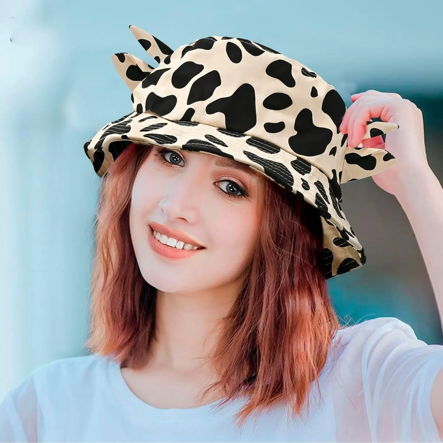 Cow Print Bucket Hat with Cute Horn Ears Cow Print Summer Beach Sun Hat Fisherman's Cow Bucket Hat