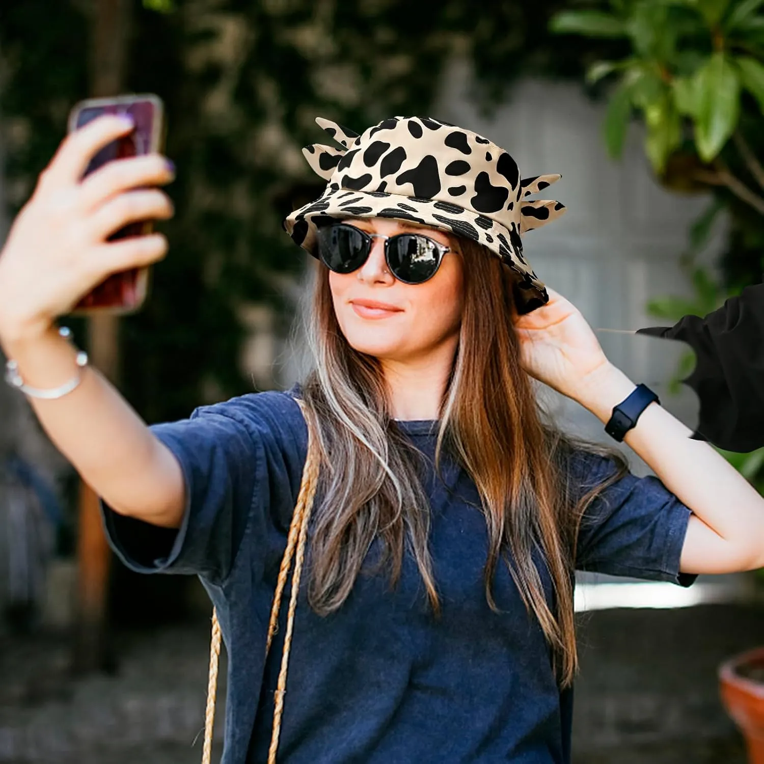 Cow Print Bucket Hat with Cute Horn Ears Cow Print Summer Beach Sun Hat Fisherman's Cow Bucket Hat