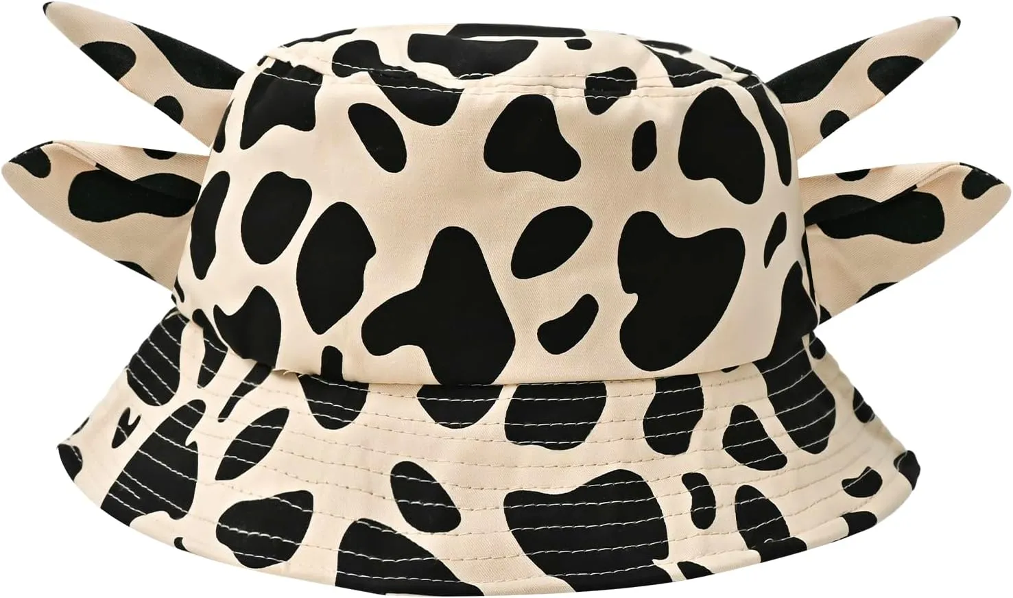 Cow Print Bucket Hat with Cute Horn Ears Cow Print Summer Beach Sun Hat Fisherman's Cow Bucket Hat