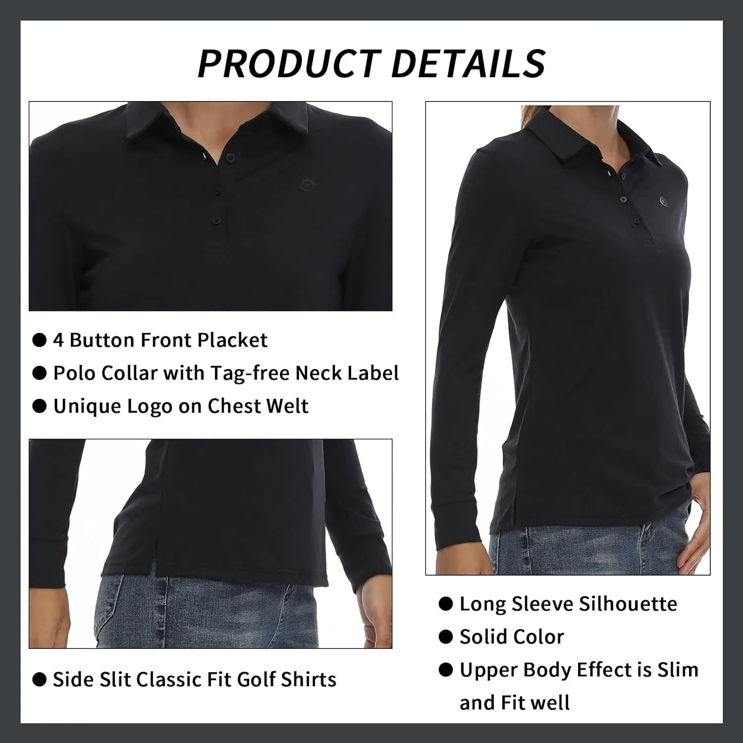 CQC Women's Golf Polo Shirts Long Sleeve Sports Athletic Shirts Tennis Tops Fitness T-Shirt UPF 50  Quick Dry