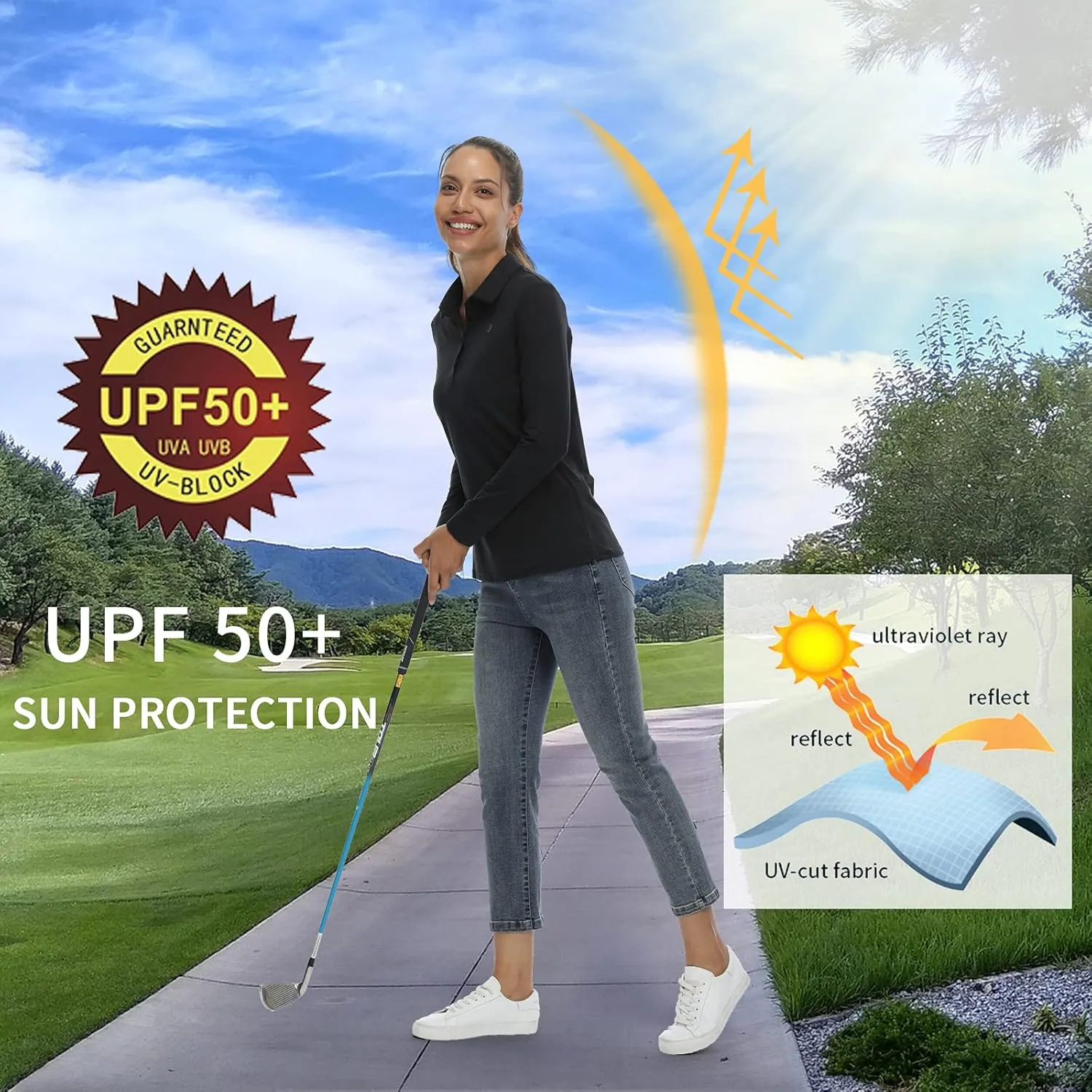 CQC Women's Golf Polo Shirts Long Sleeve Sports Athletic Shirts Tennis Tops Fitness T-Shirt UPF 50  Quick Dry