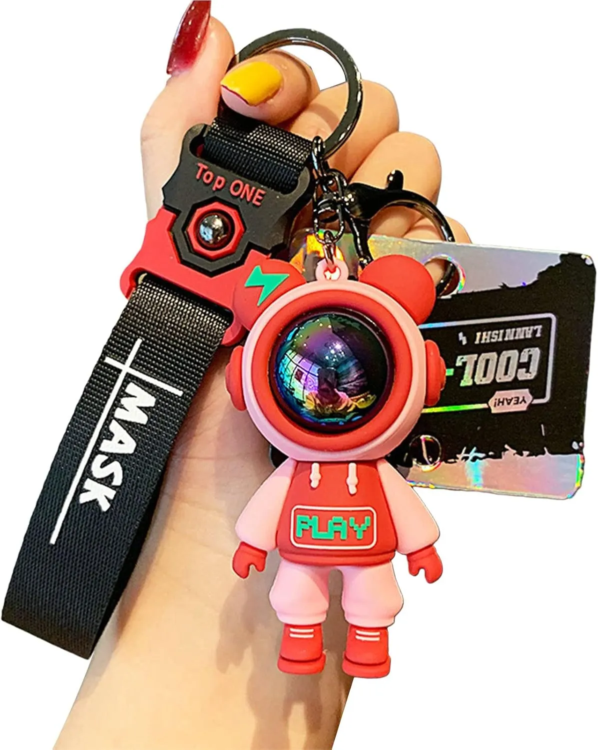 Creative Keychain Cool Robot Bear Keychains Backpack Bag Charm Wristlet Bracelet Key Chain Keyring for Women Men Girl Boy Red