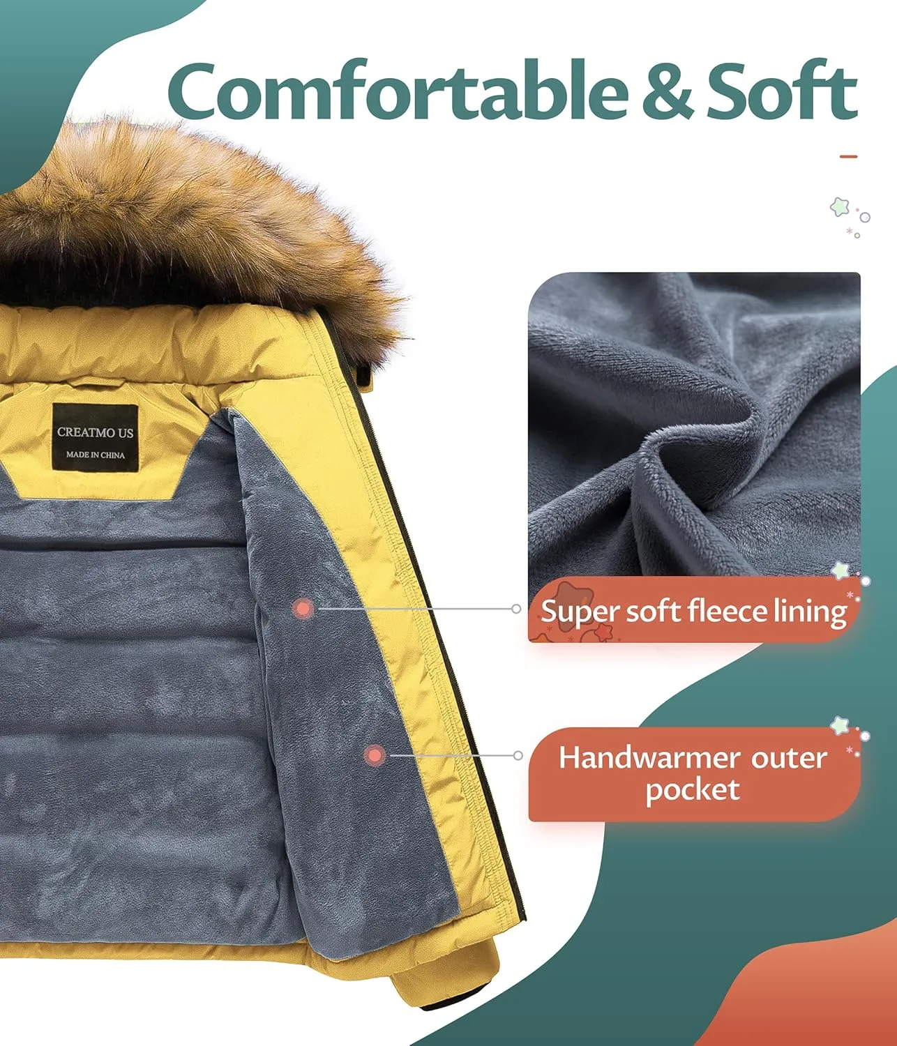 CREATMO US Boy's Water Resistant Winter Coats Warm Fleece Lined Outwear Windbreaker Ski Jacket