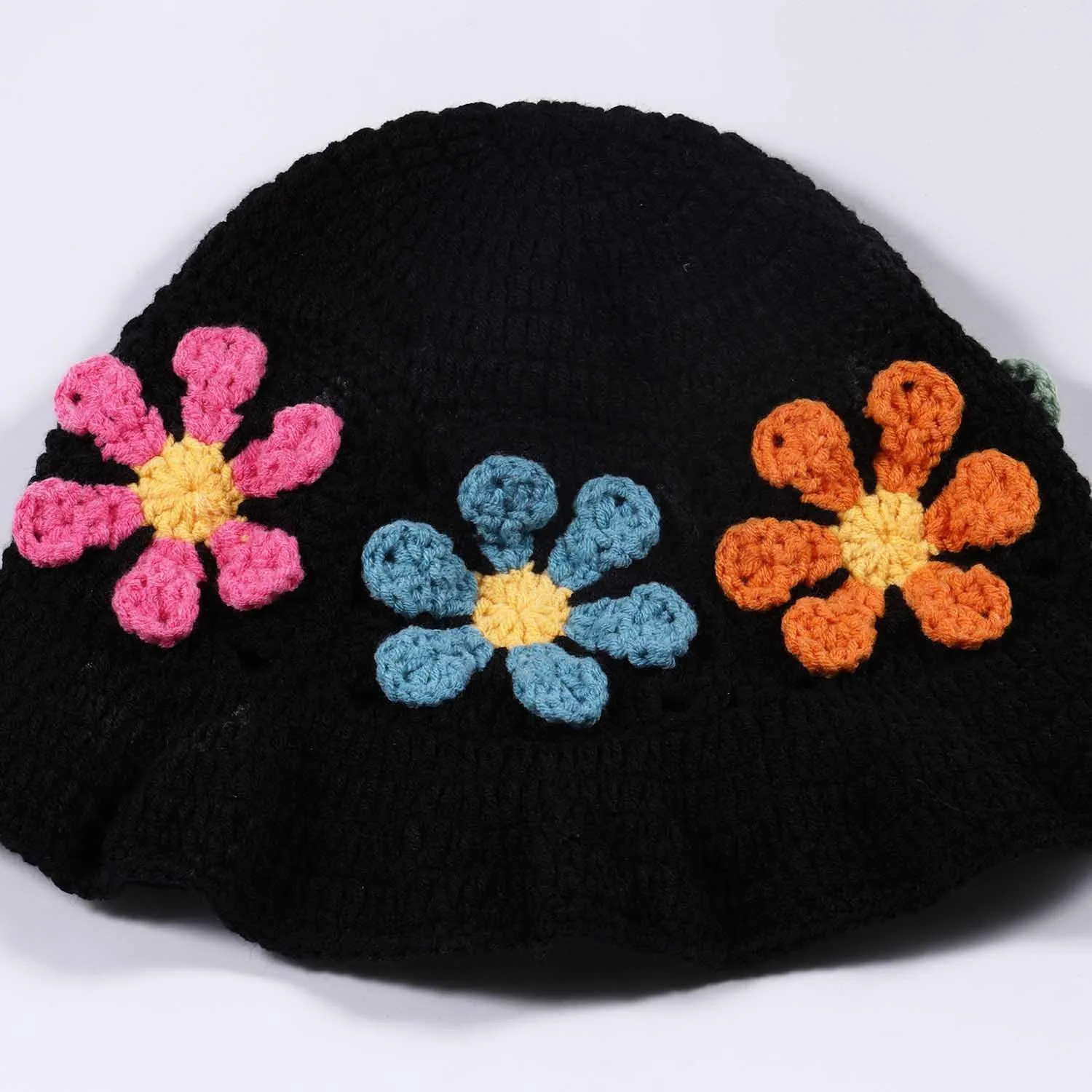 Crochet Bucket Hat for Women Flower Knit Hat Hollow Out Foldable Cap Hats