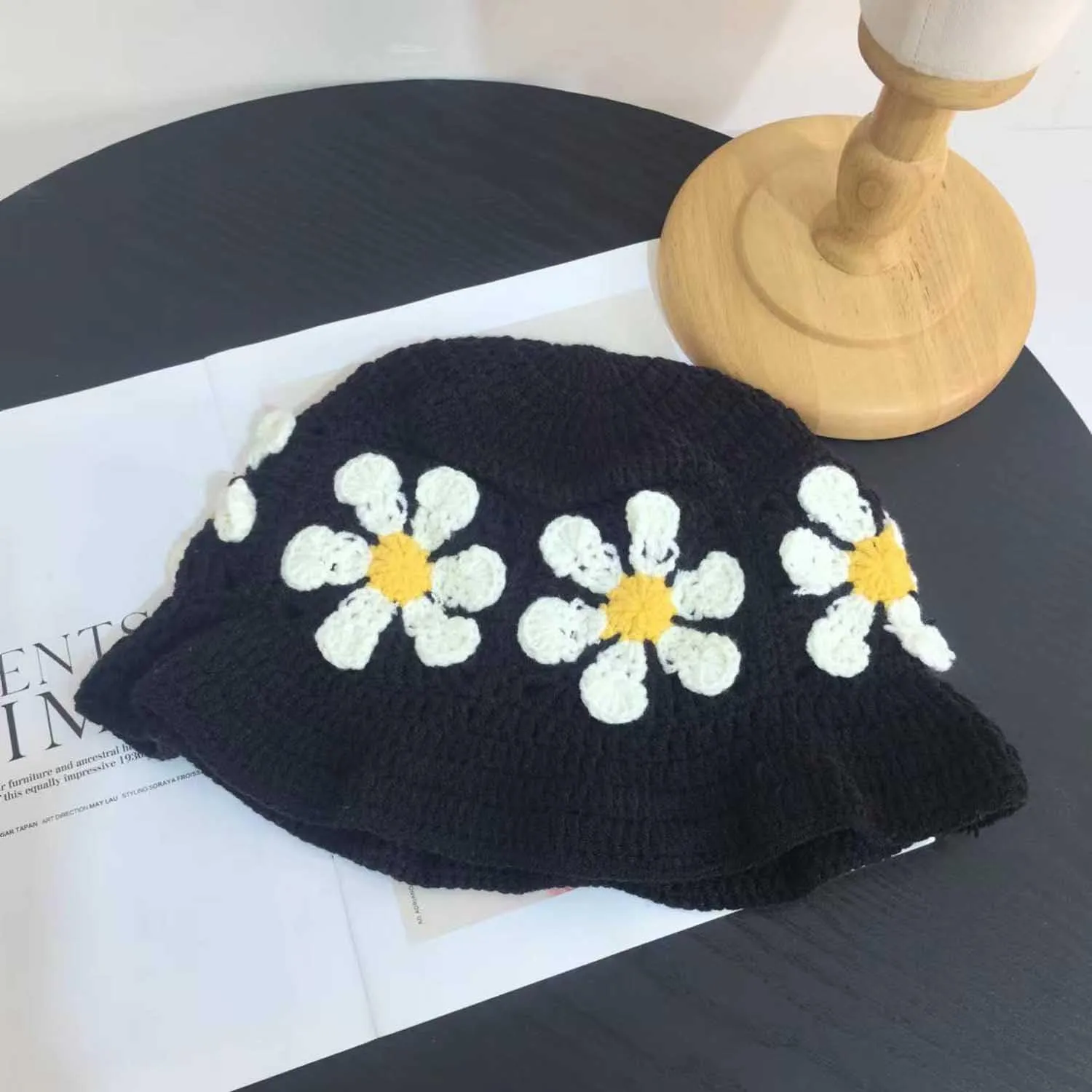 Crochet Bucket Hat for Women Flower Knit Hat Hollow Out Foldable Cap Hats