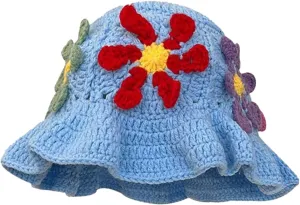 Crochet Bucket Hat for Women Flower Knit Hat Hollow Out Foldable Cap Hats