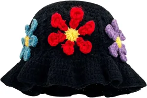 Crochet Bucket Hat for Women Flower Knit Hat Hollow Out Foldable Cap Hats